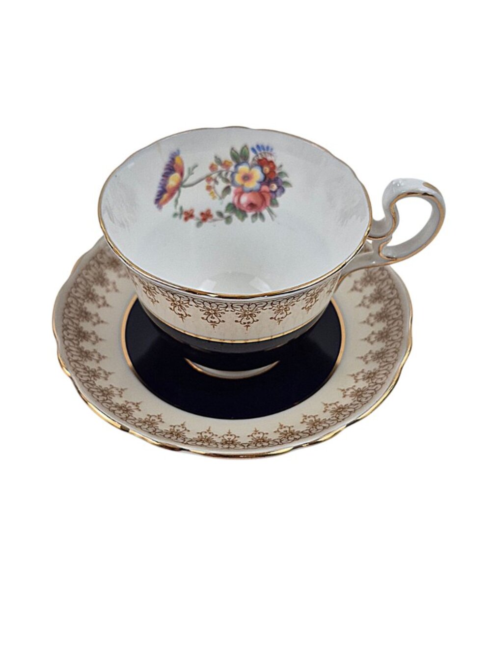 Aynsley Tea Cup Saucer Set Cobalt Blue Floral Bone China England Vintage 3 oz - Picture 3 of 10